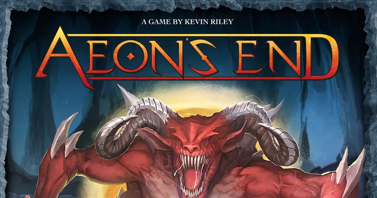 Box art for Aeon's End, showing a red horned demon nemesis looming over a glowing magical breach as mages prepare to defend it