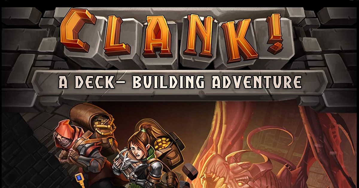 Box art for Clank! A Deck-Building Adventure, showing a thief character sneaking through a dungeon with a sleeping dragon looming above