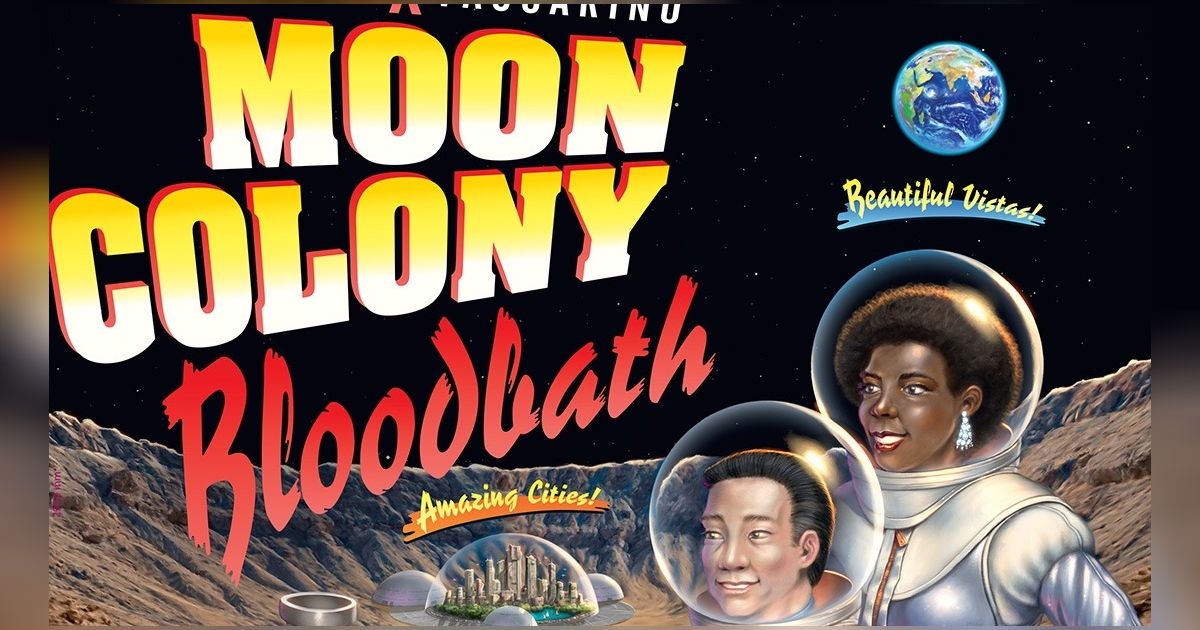 Box art for Moon Colony Bloodbath, showing a chaotic cartoon-style illustration of astronauts and colonists in various states of disaster on a lunar surface