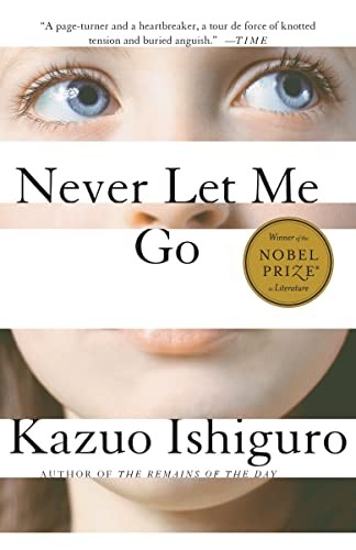 Cover of Never Let Me Go by Kazuo Ishiguro, a muted photographic image of an empty field under a pale overcast sky