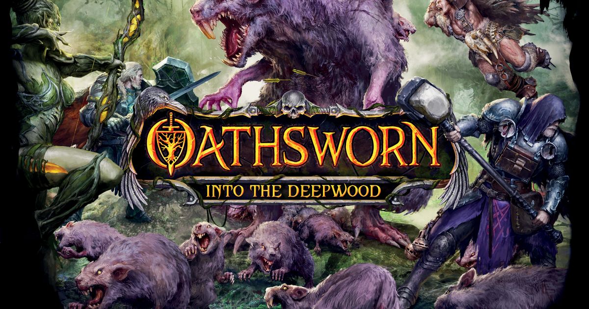 Box art for Oathsworn: Into the Deepwood, showing armored warriors confronting a massive grotesque forest monster under a moonlit canopy
