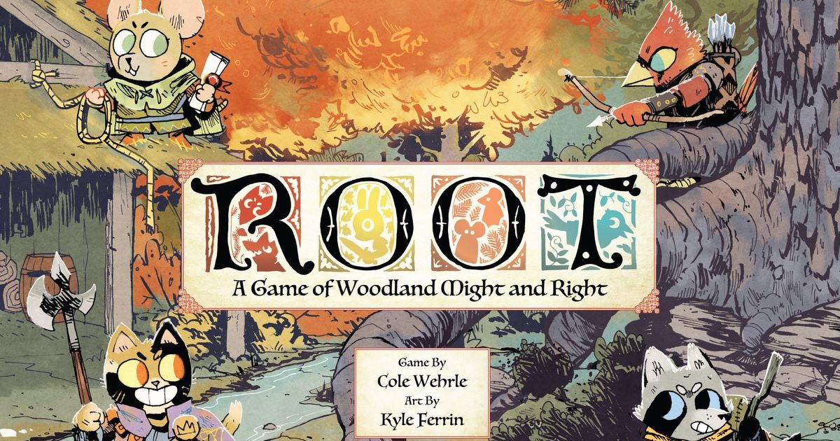 Box art for the board game Root, showing anthropomorphic woodland animals in military uniforms preparing for battle in a stylized forest
